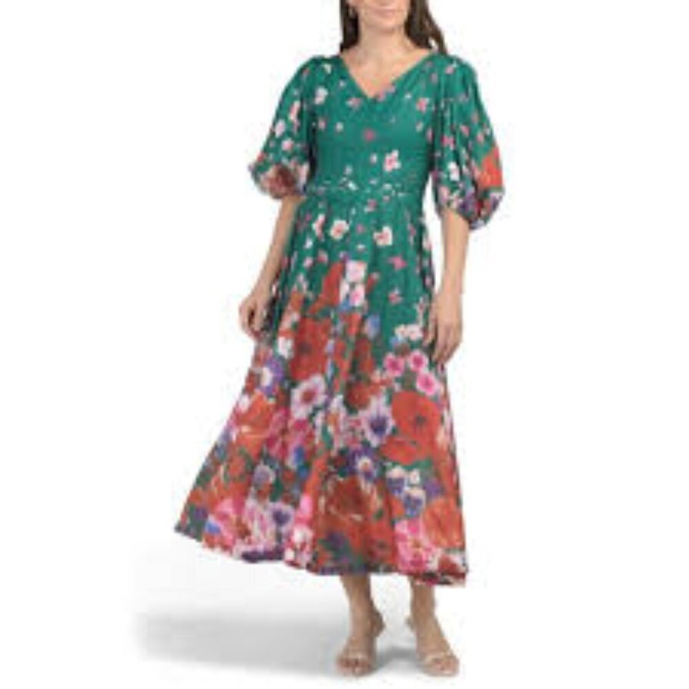 DALIA MACPHEE Size S Jade Green Puff Sleeve Cascading Floral Maxi Dress NEW!